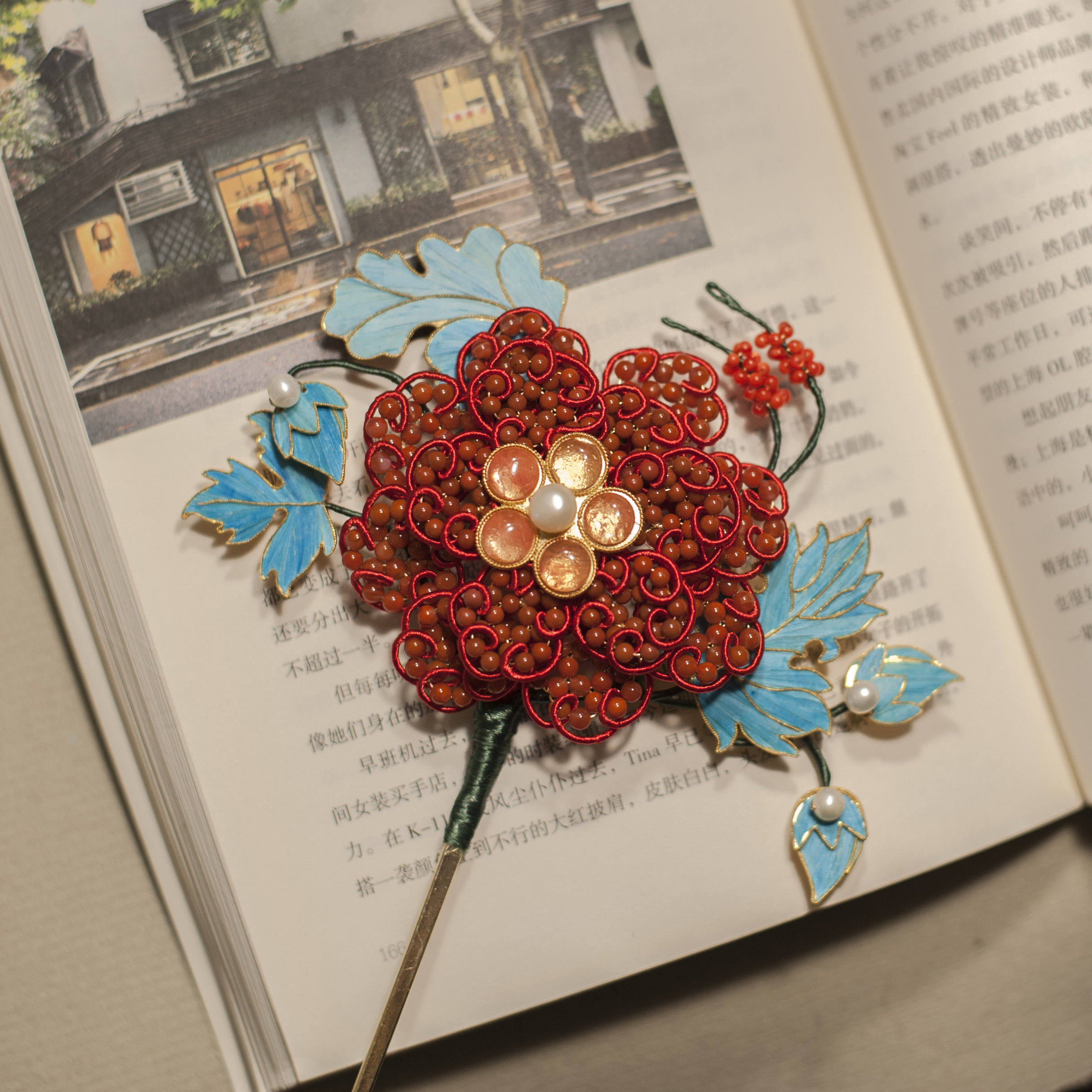 非遗花丝镶嵌仿故宫团花辑珠汉服足银仿点翠发簪名族风复古头饰