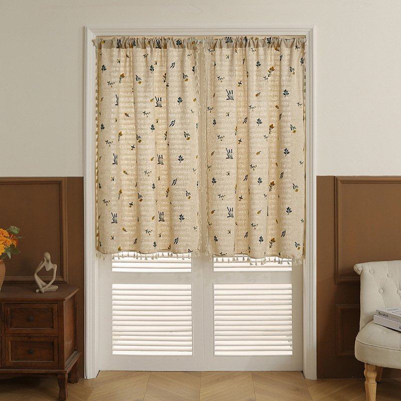 日式门帘亚麻卧室高级感遮挡帘厨房隔断帘麦穗刺绣窗帘棉麻质AQ85