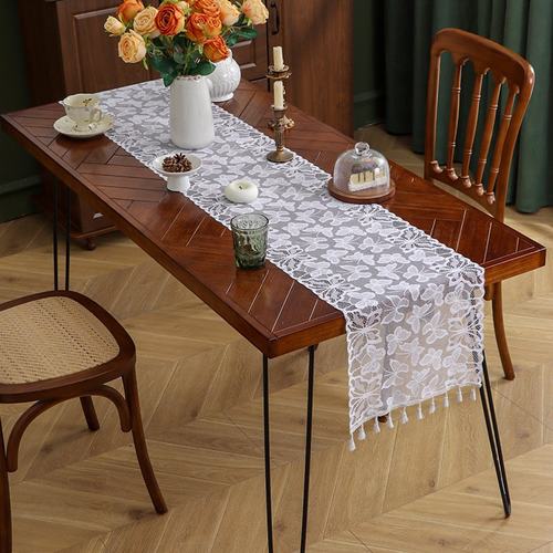 绣花刺绣桌旗新款美式白色网纱绣花镂空餐桌茶几装饰餐边柜AQ52