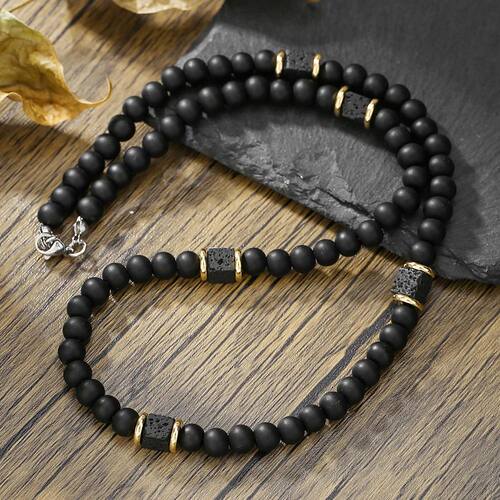 1PC Fashion Black Beaded Necklace for Men Lava Stone