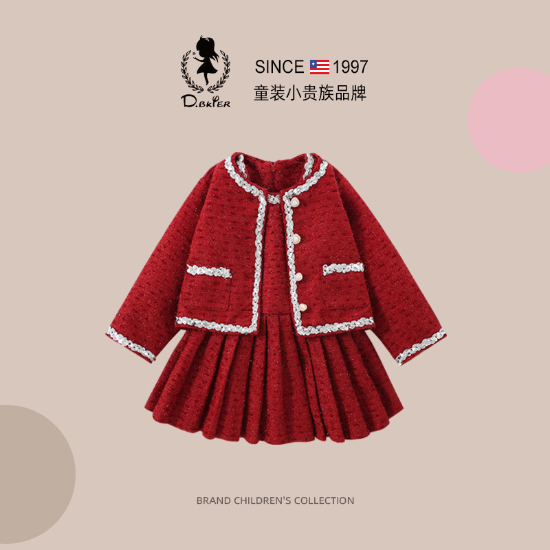 sesameclub女童小香风红色公主裙