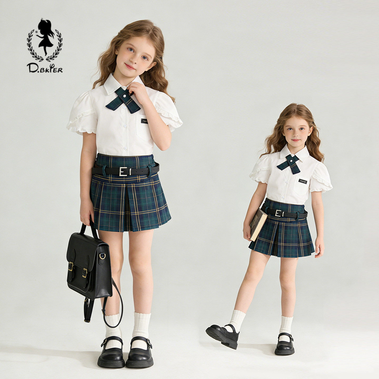 sesameclub女童夏季套装学院风儿童女孩时尚大童洋气短裙制服裙子