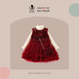 sesameclub童装女童公主裙冬季儿童过年衣服新年红色加绒套装裙子