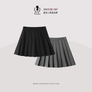sesameclub女童半身裙短裙儿童百褶裙超好看黑色JK裙子纯色学院风