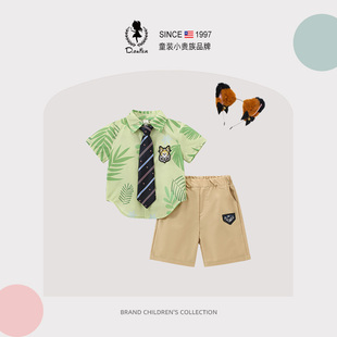 sesameclub男童套装夏季短袖尼克狐狸衣服生日大童男孩衬衫两件套