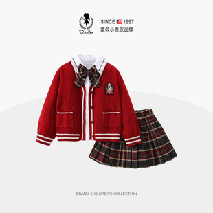 sesameclub女童jk套装春装学院风红色中大童毛衣开衫衣服女孩裙子