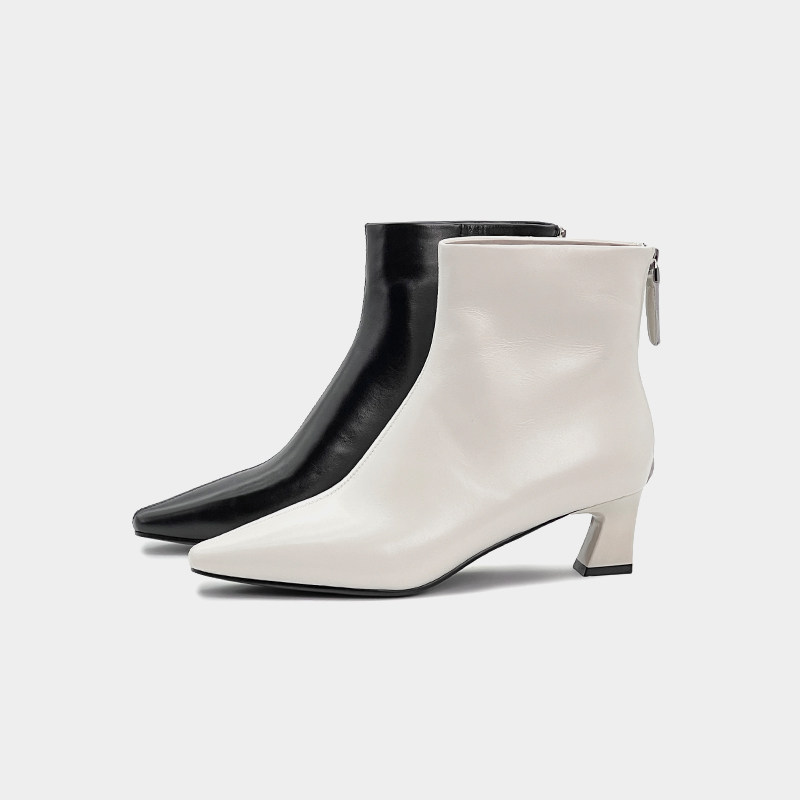 2024新款加绒冬款气质时尚优雅真皮女士短靴尖头粗跟中跟百搭女靴