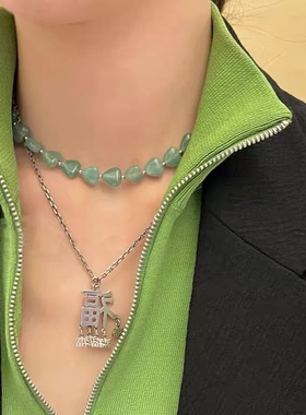 新款百搭MONA同款大珠小珠落玉盘绿色爱心项链叠戴五福字吊坠项链