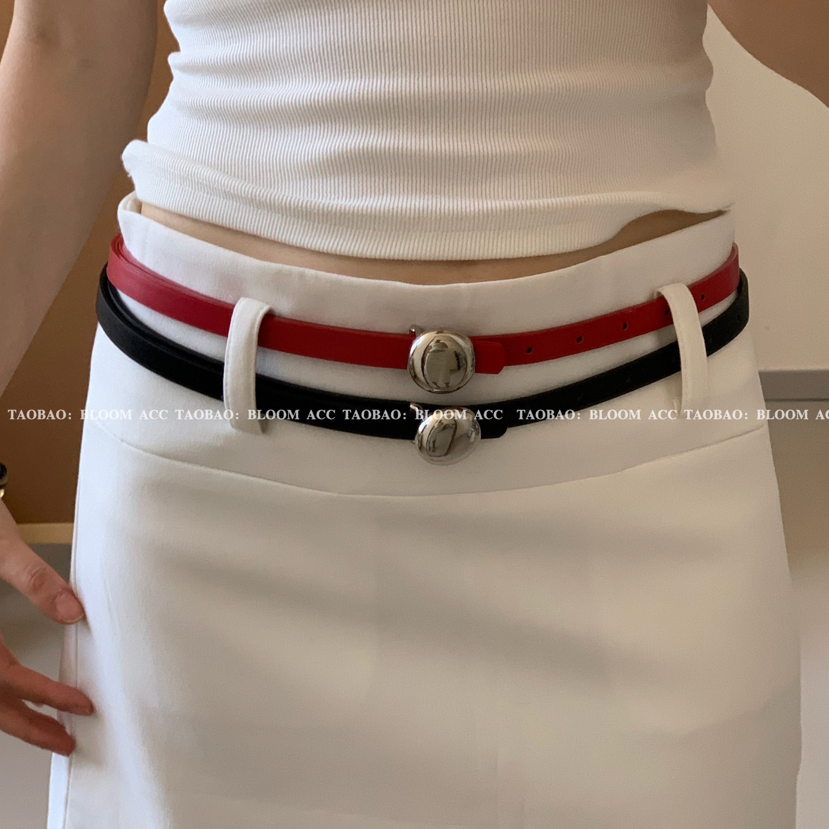 韩国博主同款简约百搭红色银色圆形扣腰带高级感百搭pu皮革皮带