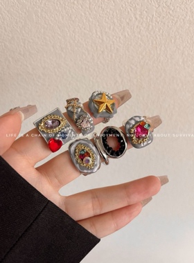 中古ins风高品质金属宽版开口戒指 老钱风手工滴油镶钻叠戴指环戒
