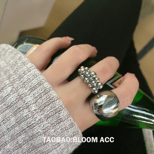 小众设计夸张高级时尚金属银色光面圆球戒指网红区区欧阳同款指环