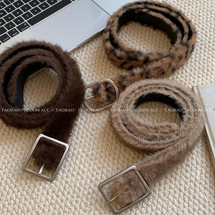 新款秋冬PU皮革拼接毛绒皮带Y2K千禧风时尚个性豹纹毛毛腰带裤带