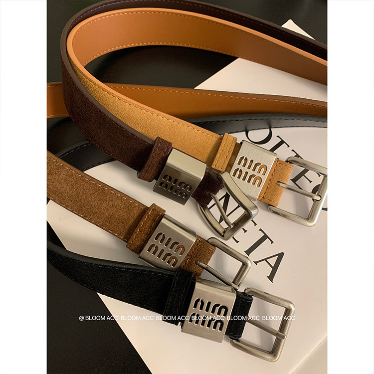 缪风m字母金属扣磨砂绒二层牛皮真皮皮带复古高级简约百搭腰带