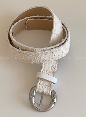 ins风博主小众甜美白色蕾丝拼接腰带银色字母扣pu皮革皮带裤带