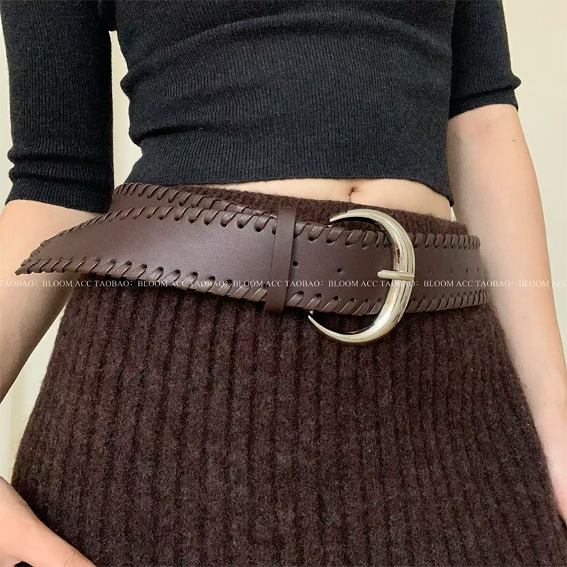 新款复古美拉德深色咖啡色编织腰带pu皮革皮带连衣裙服饰腰封裤带