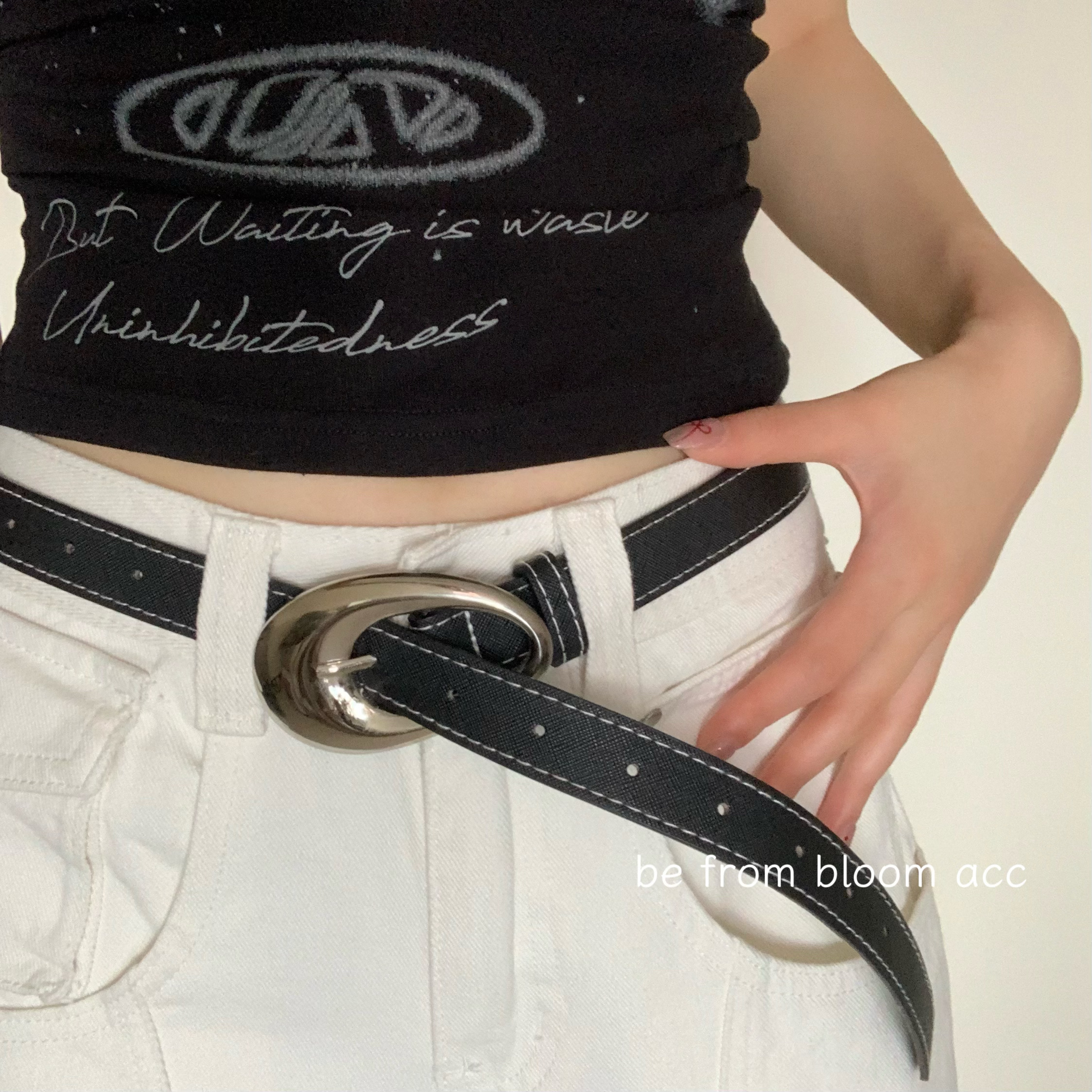 新款简约百搭牛仔纹皮革腰带朋克工装风金属水滴扣皮带装饰带潮