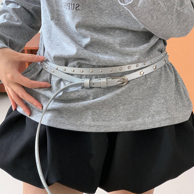 甜酷y2k辣妹铆钉星星银色双层腰带pu皮革皮带街头百搭配饰带潮