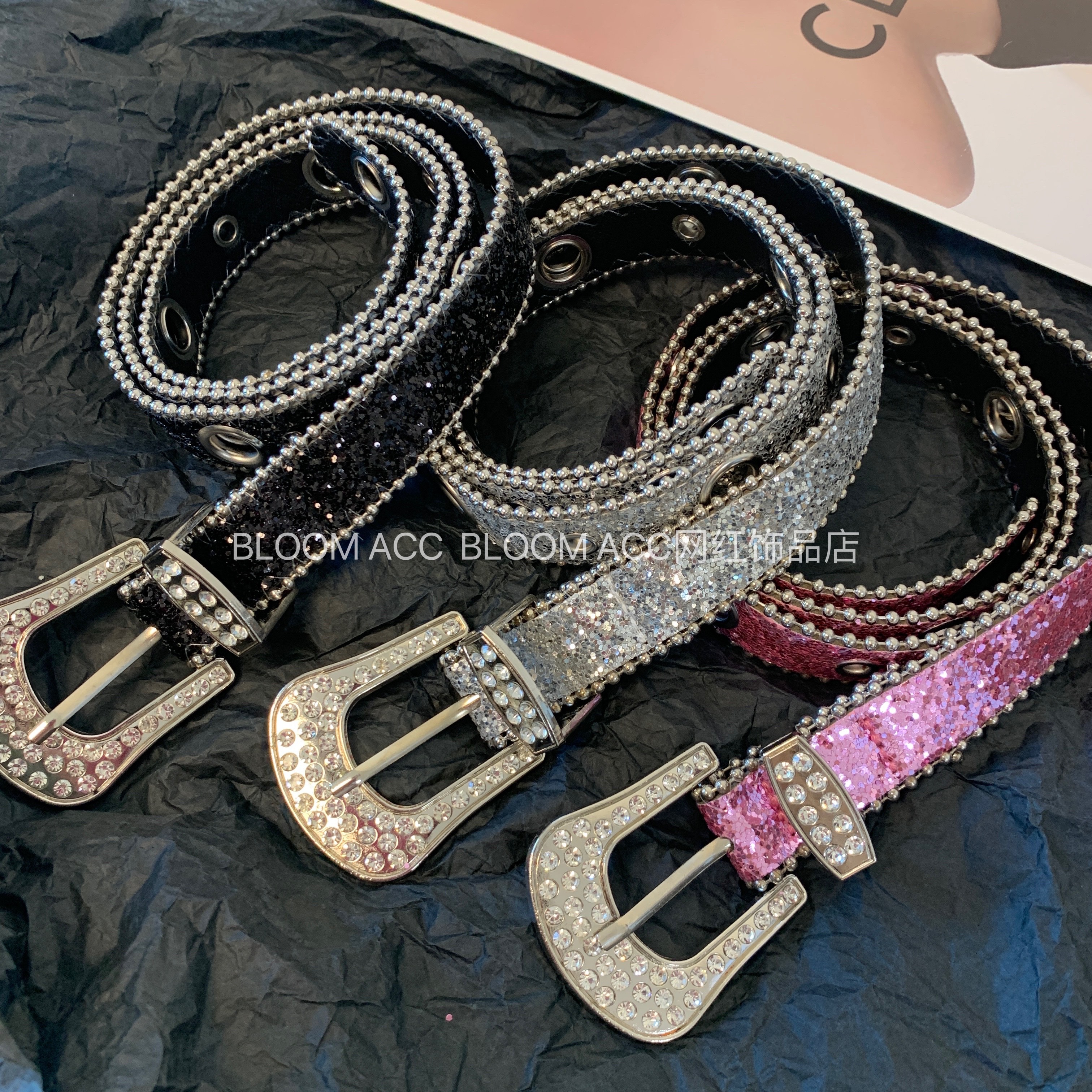 点缀单品～水钻闪闪片细版腰带甜酷辣妹皮带欧美百搭美式裤带裙带