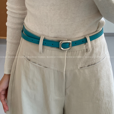 新款简约高级感氧气湖蓝色腰带细版pu皮带裤带ins风百搭配饰带女