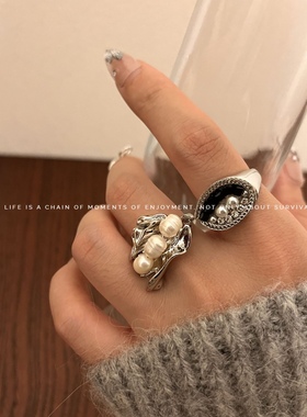 古风中国龙虎眼石戒指 ins冷淡风高级感淡水珍珠闪钻眼睛叠戴指环