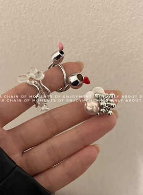 法式复古爱心珐琅酒杯自律戒指女手工串珠水晶天然石个性情侣指环