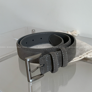 高级灰磨砂绒面真皮腰带银色方扣简约休闲时尚 带皮带 百搭裤