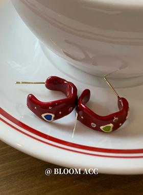 小众百搭红色几何耳圈彩色爱心雕刻设计耳钉c形耳圈耳环925银针