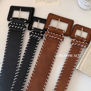 新款 时髦棕色编织辑线腰带宽边腰封皮革皮带 高级感百搭复古法式