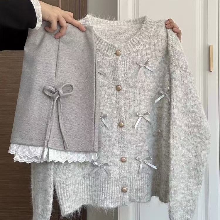东大门秋季新款韩系甜美风拼接蝴蝶结毛衣小香风针织开衫外套