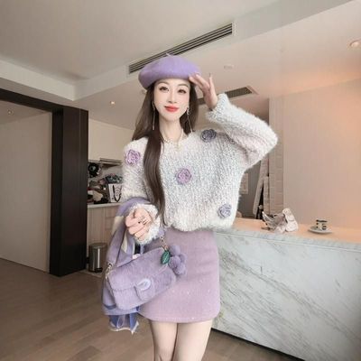 实拍秋冬多巴胺穿搭奶fufu慵懒风针织衫女重工钩花粉色花朵毛衣女