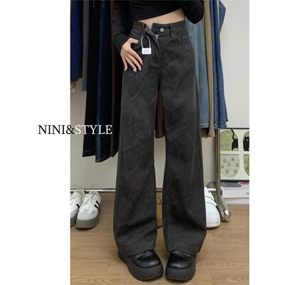 扎染印花窄版阔腿牛仔裤