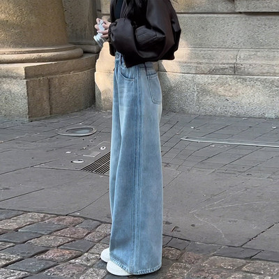 复古浅蓝色阔腿牛仔裤女