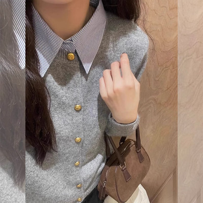 灰色衬衫领拼接假两件毛