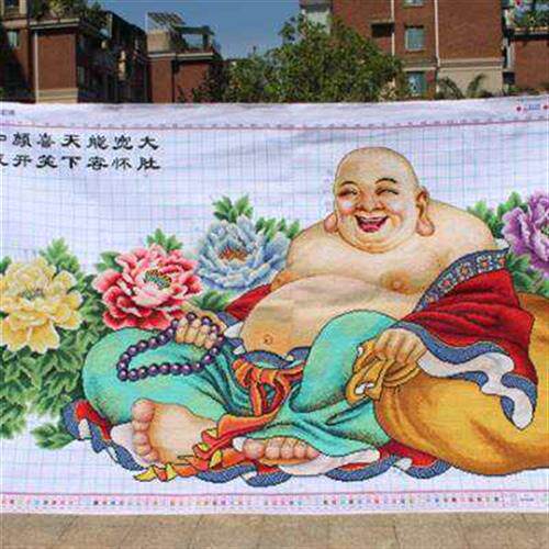 绣好的纯手工十字绣成品弥勒佛笑口常开大肚佛牡丹富贵版机绣大.
