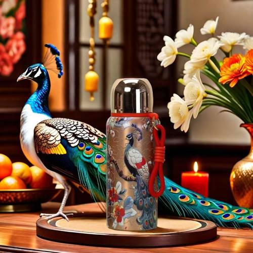 国风锦鲤纹304不锈钢保温杯孔雀纹小巧便携高颜值水杯礼品男女款