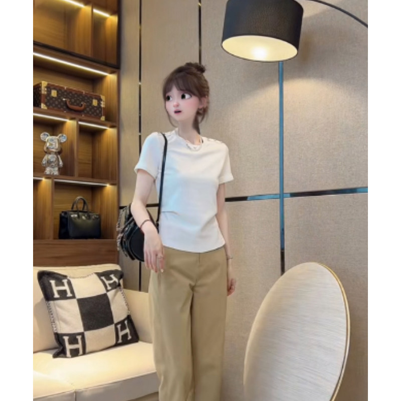 轻奢高级感褶皱正肩短袖T恤女夏2024新款时尚气质显瘦遮肚子上衣