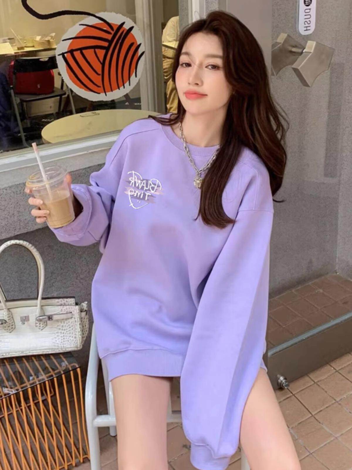 紫色卫衣女款2023新款爆款秋冬薄款圆领上衣小个子设计感秋冬外套