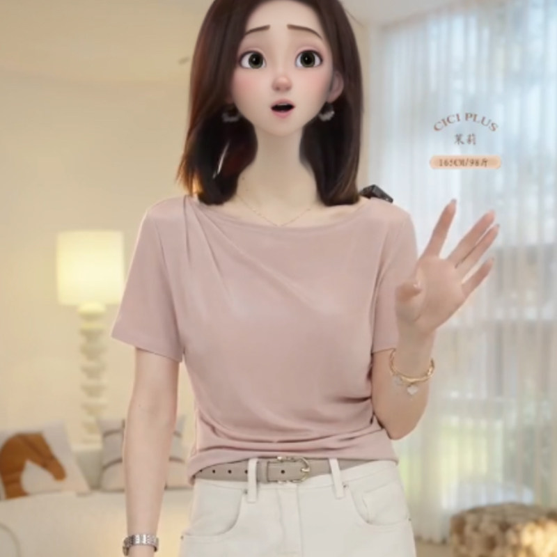 轻奢高级感一字肩短袖T恤女夏季2024新款舒适气质宽松显瘦打底衫