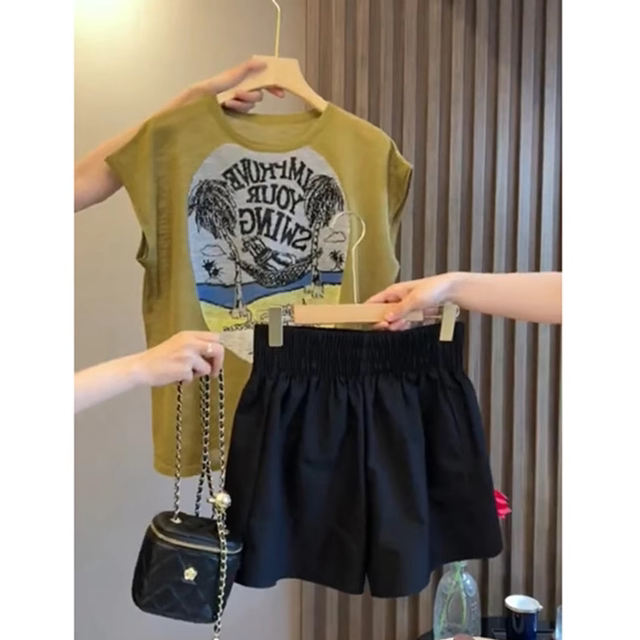 夏装小个子搭配一整套微胖干练气质时尚绿色t恤短裤两件套装女装