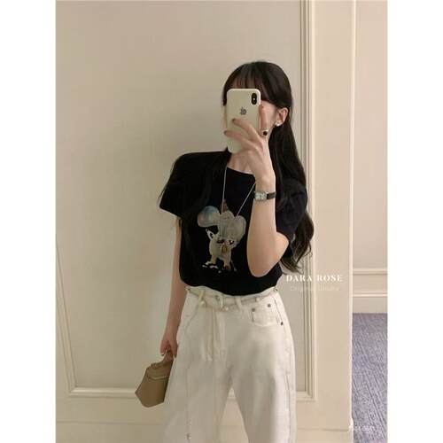 DARA ROSE卡通大象印花短袖T恤女2025夏新款韩版减龄百搭休闲上衣