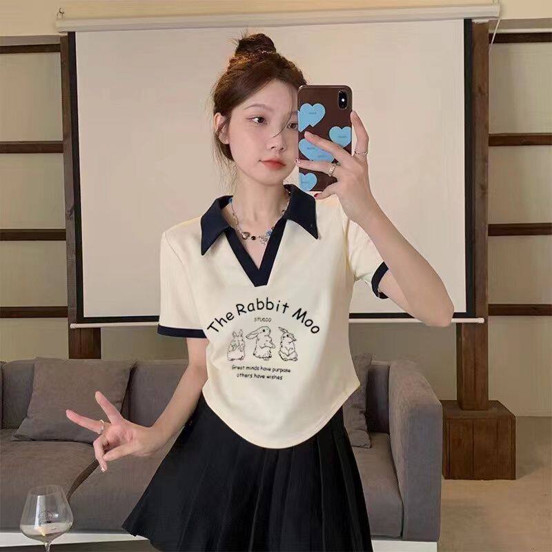 洋气百搭辣妹正肩显瘦polo衫女夏薄款设计感兔子印花t恤撞色小衫