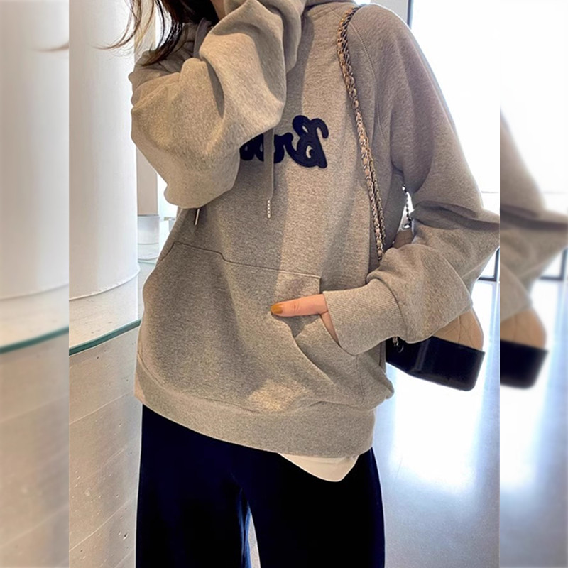 灰色连帽卫衣女装2024年新款春秋季薄款宽松韩版时尚洋气百搭上衣