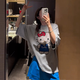 韩国东大门夏季新款KT猫卡通印花圆领阔版短袖韩式休闲减龄T恤女