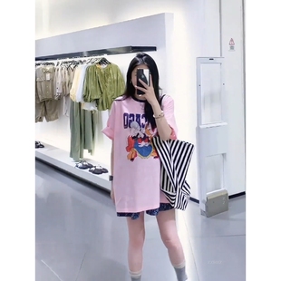 粉色T恤上衣女 撞色领唐老鸭休闲减龄套头短袖 韩国东大门夏季 新款