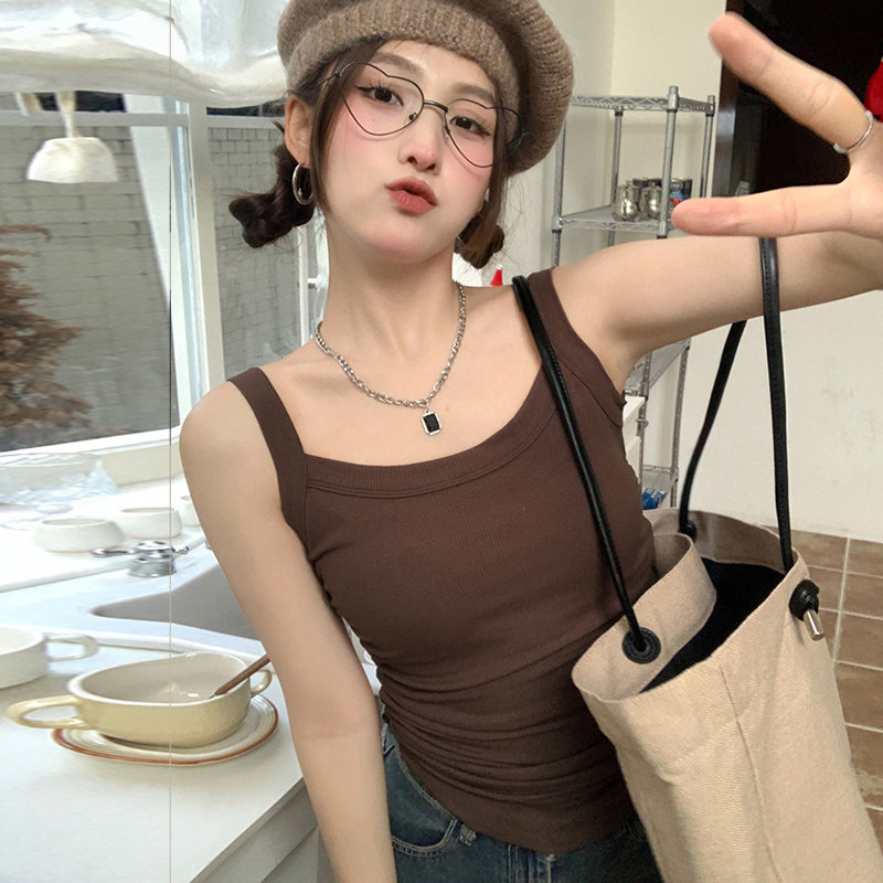 咖色吊带小背心女法式u领性感纯棉上衣收腰褶皱甜辣内搭紧身美背