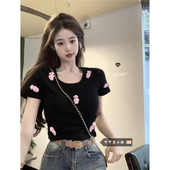 显瘦圆领短款 甜辣立体小熊短袖 纯欲风修身 2024新款 上衣 T恤女夏季