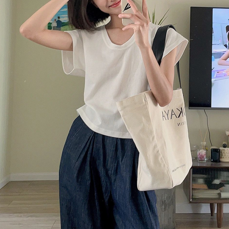 白色短袖t恤女夏季新款2024年小个子宽松显瘦正肩半袖小飞袖上衣