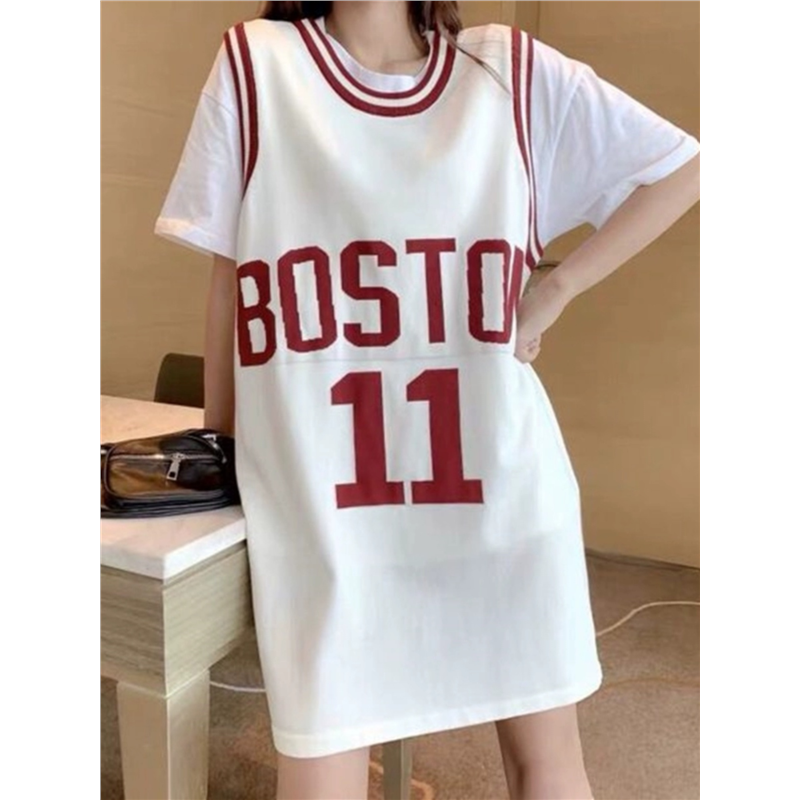 篮球服女夏季外穿中长款假两件t恤女字母bf宽松运动学生球衣ins潮