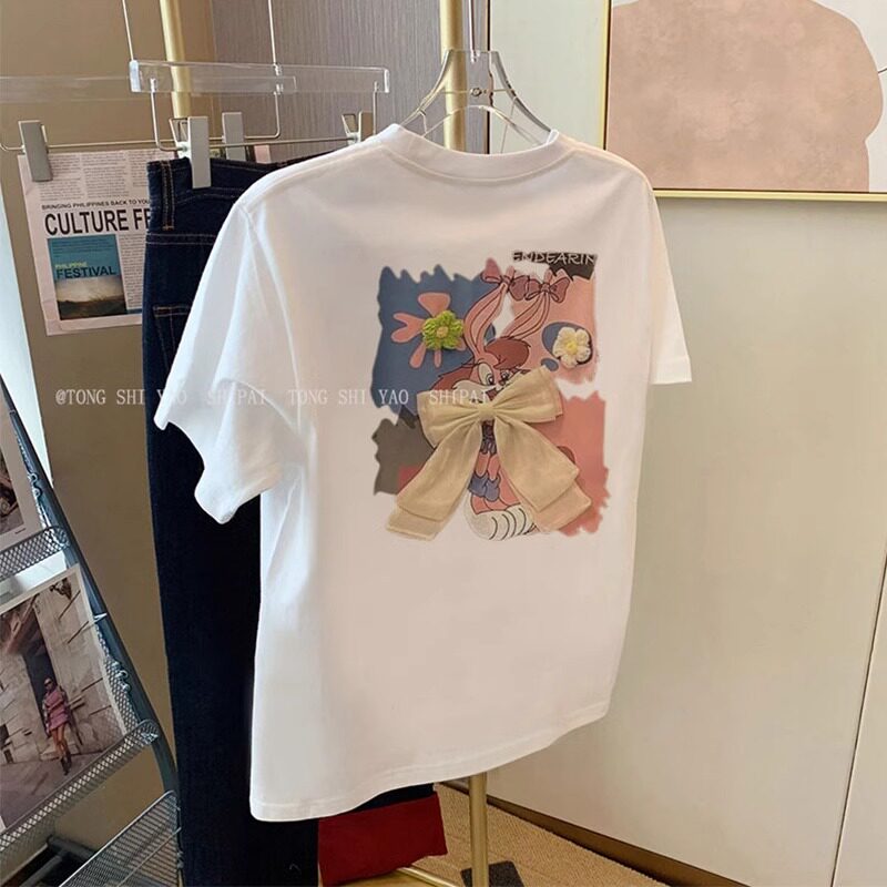 白色蝴蝶结短袖t恤女2025新款百搭减龄洋气宽松设计感小众上衣ins