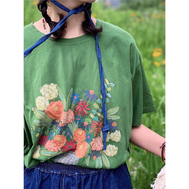漂亮法式上衣高级感洋气减龄绿色花朵印花短袖t恤女夏季2024新款